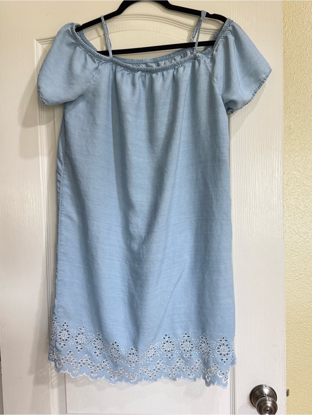 Old Navy Blue Lyocell Eyelet Dress Off Shoulder Puff Sleeve Medium